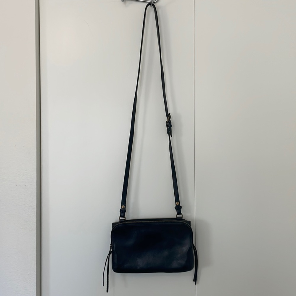 Madewell Black Leather Double Zip Crossbody Bag With Brushed Gold Hardware